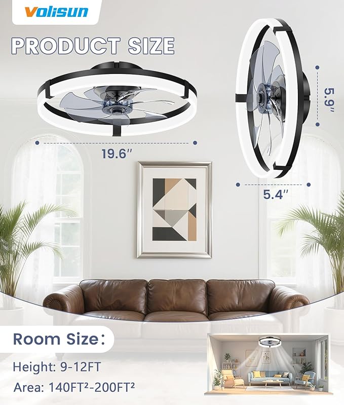 VOLISUN Low Profile Ceiling Fans with Lights and Remote, 19.7in Flush Mount Ceiling Fans with Light, 3000K-6500K Dimmable Fandelier Ceiling Fan, Bladeless Ceiling Fan for Bedroom(Black)
