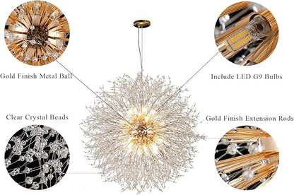 Modern Sputnik Chandelier, Large Crystal Beaded Hanging Light, Gold 16-Light Firework Lamp, Round Dandelion Pendant Light Fixtures for Dining Room Living Room Bedroom (Gold, D31.4inch)