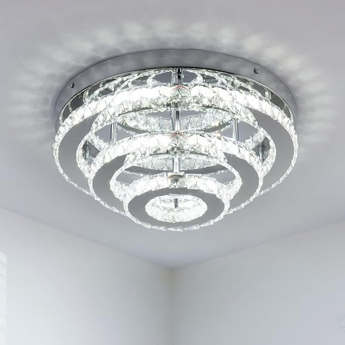 Modern Crystal Chandelier LED 3 Tier Crystal Ceiling Lights Flush Mount Round Chandeliers for Bedrooms Dining Room Living Room,Dia 13.8",Cool White,42 W