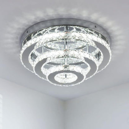 Modern Crystal Chandelier LED 3 Tier Crystal Ceiling Lights Flush Mount Round Chandeliers for Bedrooms Dining Room Living Room,Dia 13.8",Cool White,42 W