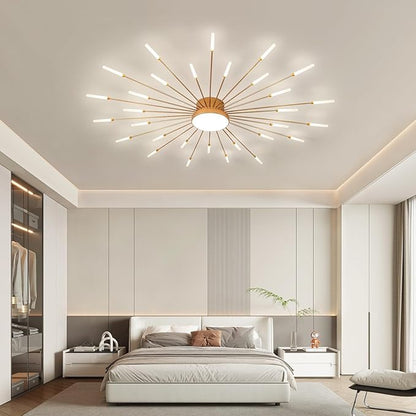 JAYMP 50.4" Ceiling Light Modern Flower Shape Ceiling Lamp for Living Room Dining Room Flush Mount Metal Acrylic Sputnik Firework Petal LED Lighting Fixture (Matte Gold, 30+1 Lights)