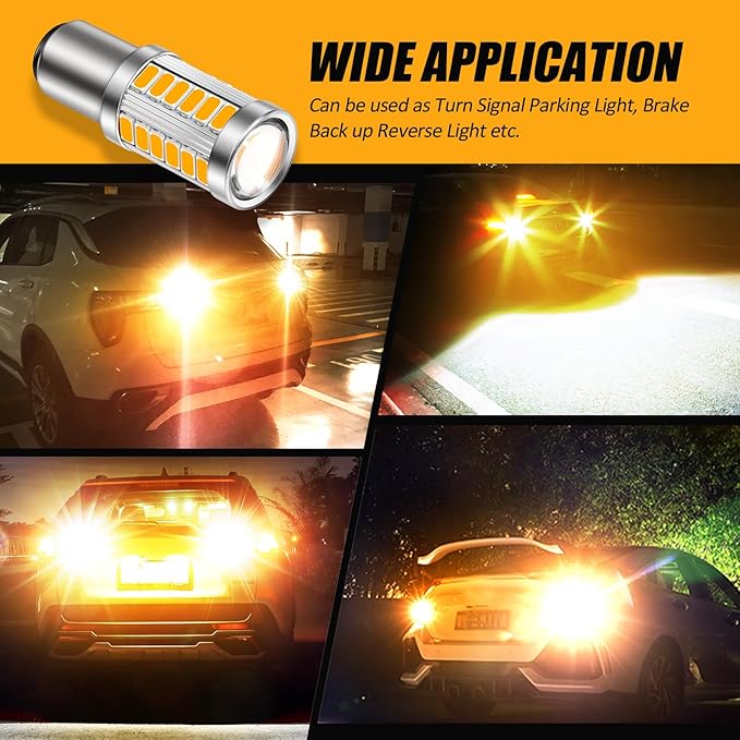 Auxbeam 1157 Amber Yellow LED Bulbs, Super Bright 2057 2357 7528 BAY15D Replacement Light Bulb for Turn Signal Lights Direction Blinker, 3030 33-SMD Chipset, Pack of 2 (May Need Resistors)
