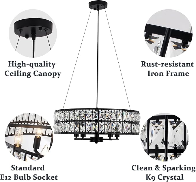 Modern Black Crystal Chandelier, 5-Light Round Crystal Chandeliers for Dining Room, 20" Contemporary Chandelier for Entryway, Living Room, Bedroom, Kitchen, Foyer Hanging Ceiling Lighting Fixtures