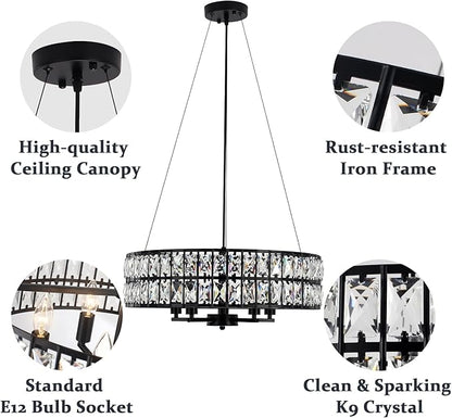 Modern Black Crystal Chandelier, 5-Light Round Crystal Chandeliers for Dining Room, 20" Contemporary Chandelier for Entryway, Living Room, Bedroom, Kitchen, Foyer Hanging Ceiling Lighting Fixtures