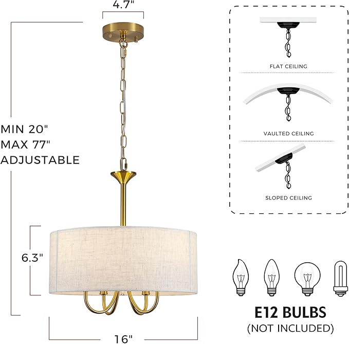 Drum Chandelier for Dining Room, 4-Light Modern Farmhouse Gold Chandelier with Linen Drum Shade, 16" Hanging Pendant Ceiling Light Fixture for Kitchen Island Bedroom Living Room