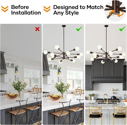Sputnik Chandeliers Dining Room Light Fixture (12-Light, 33-Inch), Modern Brown and Gold Chandelier, Height Adjustable Mid Century Modern Chandeliers for Dining Room Kitchen (Bulbs Not Included)