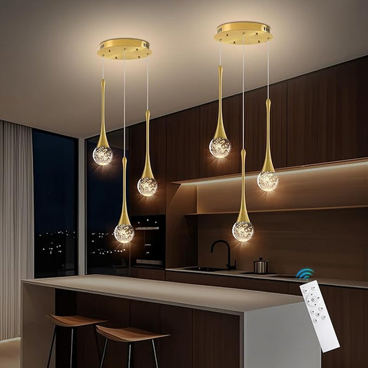 Modern Crystal Kitchen Island Chandelier 3-Lights Gold, LED Dimmable Raindrop Indoor Lighting Fixture for Dining Room Foyer Entryway Remote Control
