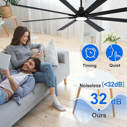 84 Inch Ceiling Fans with Lights and Remote, Black Large Ceiling Fan for Bedroom Living Room Indoor/Outdoor, 6 Speed Reversible DC Motor, 3CCT, Downrod, Dual Color 8 Blades, ETL Listed
