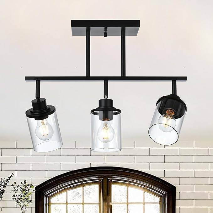 Track Lighting Fixtures 3 Light Ceiling Lights with Adjustable Track Heads, Black Bathroom Vanity Light with Clear Glass Shade, Modern Track Lighting Kit for Kitchen Office Living Room