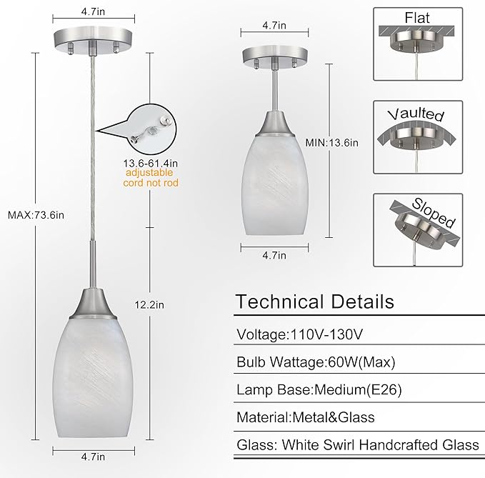 Viinew Mini Glass Pendant Light 1-Light with Handblown White Swirl Art Glass Adjustable Cord Brushed Nickel Finish 4.72" Modern Hanging Pendant Light for Kitchen Dining Room Living