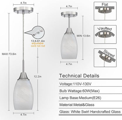 Viinew Mini Glass Pendant Light 1-Light with Handblown White Swirl Art Glass Adjustable Cord Brushed Nickel Finish 4.72" Modern Hanging Pendant Light for Kitchen Dining Room Living