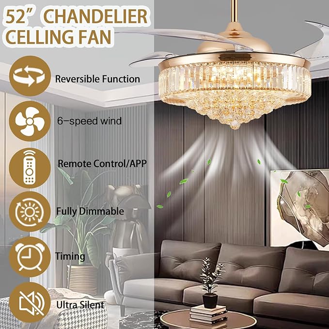 DuMaiWay 52" Dimmable Chandelier Ceiling Fan with Lights,Retractable Crystal Fandelier Ceiling Fan with APP Control for Bedroom Living Room Polished Gold 6 Speed