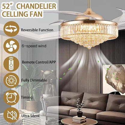 DuMaiWay 52" Dimmable Chandelier Ceiling Fan with Lights,Retractable Crystal Fandelier Ceiling Fan with APP Control for Bedroom Living Room Polished Gold 6 Speed