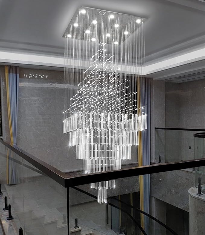 HAIXIANG W32 x H120 Glam Chandelier with LED Bulbs Square Chandeliers, Crystal Raindrop High Ceiling Pendant Light for Entrance Large Villa Chandelier Foyer Lighting Fixtures Silver