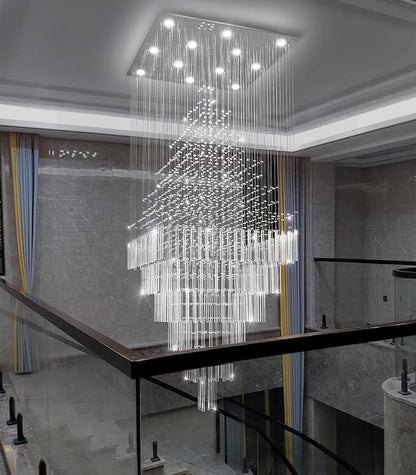 HAIXIANG W32 x H120 Glam Chandelier with LED Bulbs Square Chandeliers, Crystal Raindrop High Ceiling Pendant Light for Entrance Large Villa Chandelier Foyer Lighting Fixtures Silver