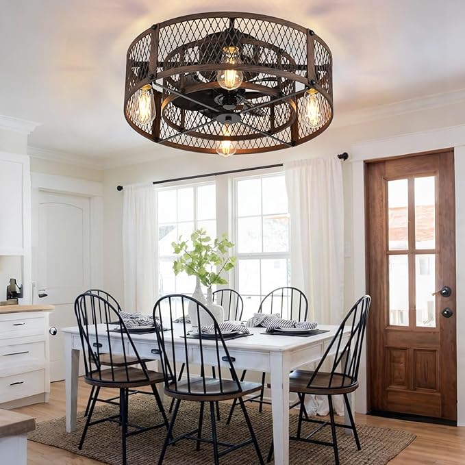 Depuley Flush Mount Ceiling Fan: 20" Caged Ceiling Fans with Lights and Remote App Control for Kitchen Bedroom Farmhouse - Rustic Low Profile Ceiling Fandelier Lights Reversible 6 Speed Timer Walnut