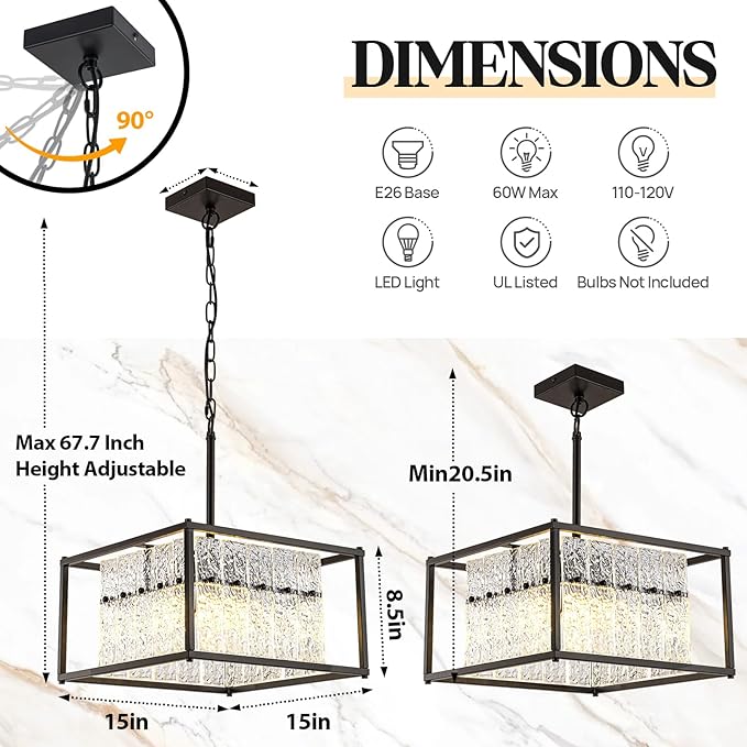 Modern Black Crystal Pendant Light for Kitchen Island, 4-Light Water Ripple Glass Chandelier, Adjustable Height Dimmable Hanging Fixture for Dining Room Bedroom Hallway Entryway