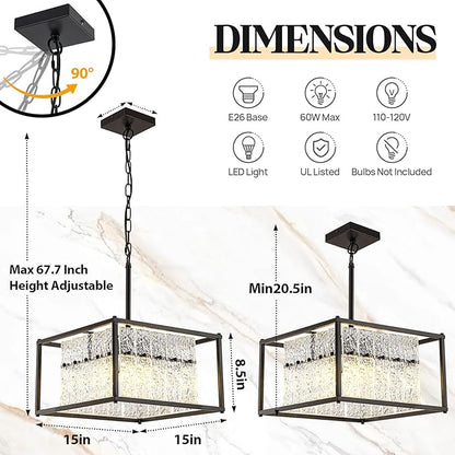 Modern Black Crystal Pendant Light for Kitchen Island, 4-Light Water Ripple Glass Chandelier, Adjustable Height Dimmable Hanging Fixture for Dining Room Bedroom Hallway Entryway