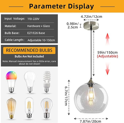 Mikeru Glass Globe Pendant Light Single, 7.87 Inch Clear Bubble Glass Hanging Lamp, Mid Century Modern Pendant Lighting for Kitchen Island Dining Room Bedroom (Bulb Not Included)
