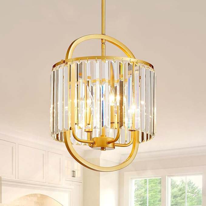 4-Light Modern Small Crystal Chandelier Mini Gold Pendant Lighting 12.8" Crystal Lamp for Closet Bedroom Foyer Dining Room Hanging Ceiling Light Fixture