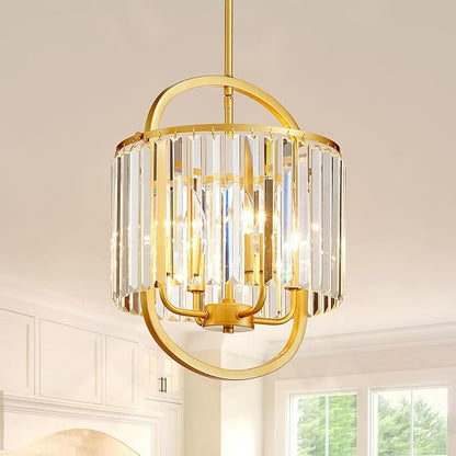 4-Light Modern Small Crystal Chandelier Mini Gold Pendant Lighting 12.8" Crystal Lamp for Closet Bedroom Foyer Dining Room Hanging Ceiling Light Fixture
