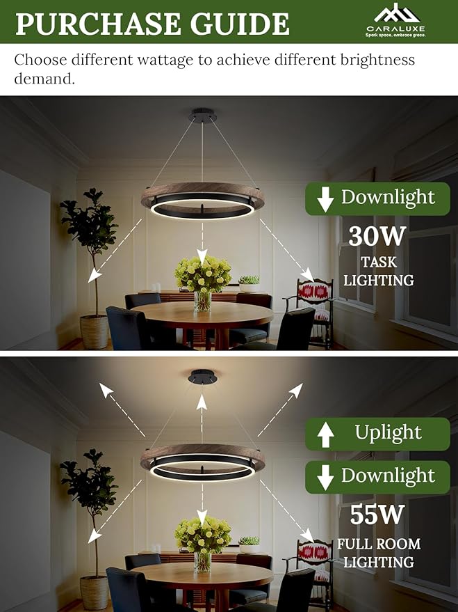 LED Ring Chandelier Dimmable Black Chandelier Round Foyer Chandeliers Light Walnut Wood Black Circular Chandeliers for Dining Room Entry Bedroom Office Living Room, 24in