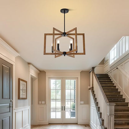 21.6" Farmhouse Chandelier, 6-Light Modern Geometric Dining Room Chandelier, Rustic Foyer Lighting Fixtures, Wood Grain Pendant Lights for Living Room, Dining Room, Bedroom, Kitchen Island, Entryway