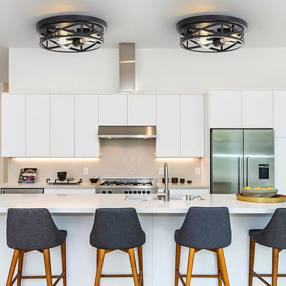 13 Inch Close to Ceiling Light Fixtures 2 Pack, 3-Lights Farmhouse Flush Mount Ceiling Light, Black Indoor Metal Cage Semi Flush Mount Ceiling Light for House Hallway Kitchen Bedroom