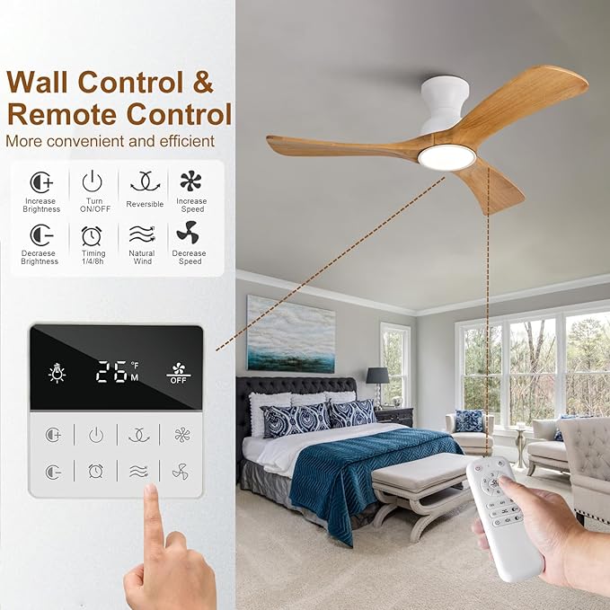 Flush Mount Ceiling Fans with Lights,42 inch,Remote Control,Wall Switch,Solid Wood Blades,Dimmable,Reversible Noiseless,Power Off Memory Modern Ceiling Fan Indoor/Outdoor for Bedroom Patios
