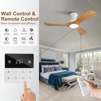 Flush Mount Ceiling Fans with Lights,42 inch,Remote Control,Wall Switch,Solid Wood Blades,Dimmable,Reversible Noiseless,Power Off Memory Modern Ceiling Fan Indoor/Outdoor for Bedroom Patios