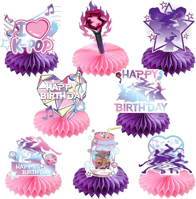 8 Pcs Kpop Party Decoration, Pink Purple Music Theme Honeycomb Centerpieces 3D Double Sided Table Decor Supplies for K-Pop Music Party Decorations
