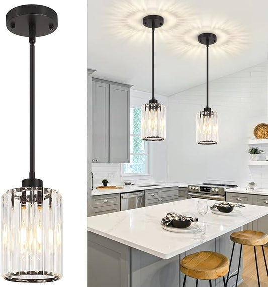 2 Pack Black Pendant Lights Kitchen Island, Modern Crystal Kitchen Pendant Lighting Over Island Dining Room Light Fixtures Adjustable Hanging Pendant Light for Bathroom Hallway Entryway Foyer Bedroom