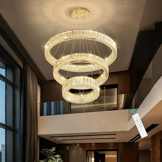 Modern Crystal Chandelier 55W Dimmable LED Chandeliers with Remote Luxury Height Adjustable Pendant Lighting for Living Room Dining Room Gold