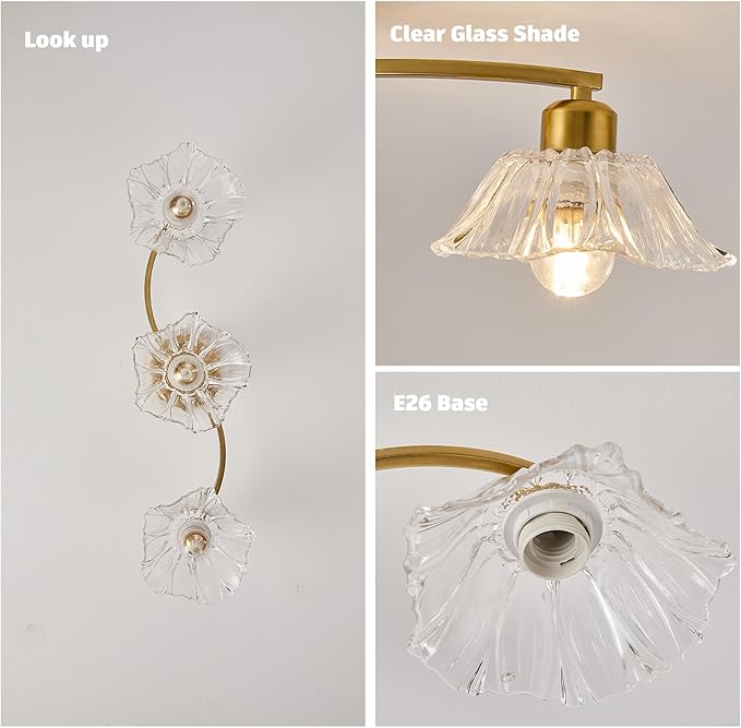 Semi Flush Mount Ceiling Light Fixture,3 Lights Modern Glass Shade Chandelier, Mini Ceiling Fixture for Entryway, Kitchen, Bedroom, Golden