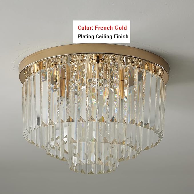 Modern French Gold Crystal Chandelier Ceiling Light,16" Semi Flush Mount 5-Lights 3-Tier Crystal Round Chandelier Light for Bedroom Living Room