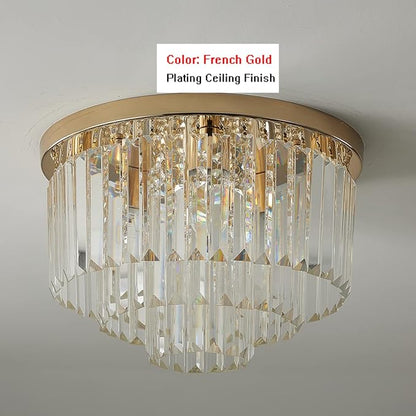 Modern French Gold Crystal Chandelier Ceiling Light,16" Semi Flush Mount 5-Lights 3-Tier Crystal Round Chandelier Light for Bedroom Living Room