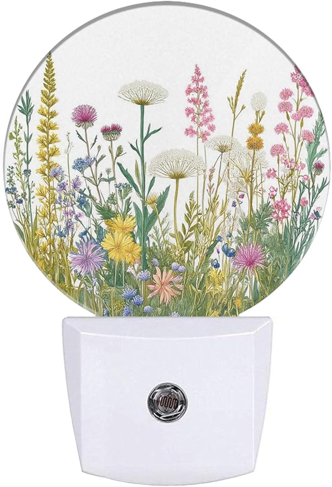 EKOBLA Watercolor Herbs and Wild Flowers Night Light, Green Botanical Floral Leaves Plug into Wall with Dusk to Dawn Light Sensors, Warm Nightlights for Girls Women