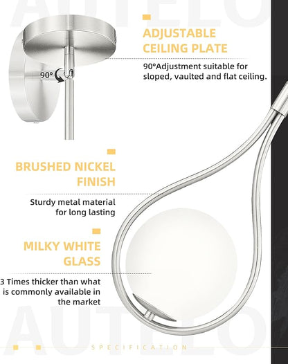 AUTELO Modern Pendant Lights Kitchen Island, 1-Light Pendant Lights in Brushed Nickel Finish with Milky White Globe Glass, Nickel Pendant Light Fixtures, Hanging Lamp for Kitchen Island H9377 MGST