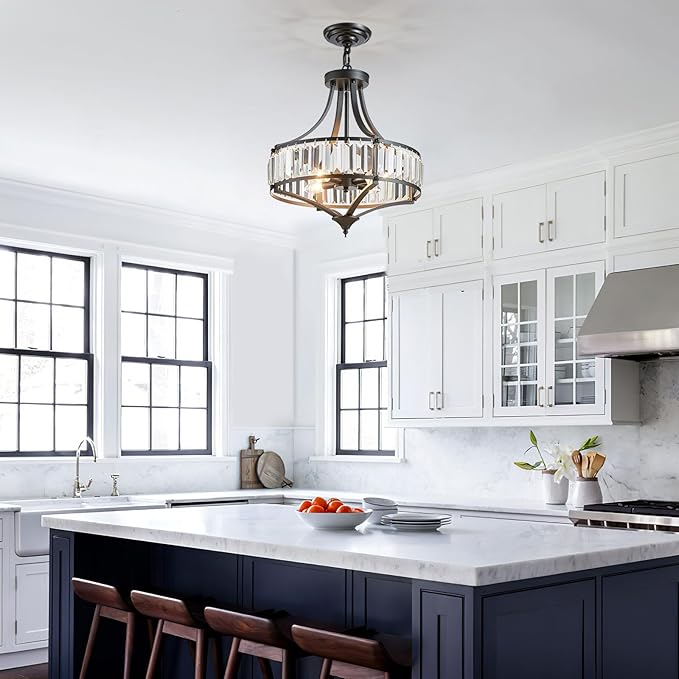 Black Crystal Chandeliers for Dining Room, Round Rustic Farmhouse Chandelier with Metal Shade 4-Light Modern Pendant Lighting for Hallway, Bedroom, Foyer