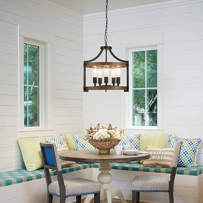5-Light Farmhouse Chandelier, 20" Black Metal Faux Wood Pendant Light Fixtures, Hanging or Semi Flush Mount Rustic Chandelier for Dining Room, Foyer, Living Room, Kitchen