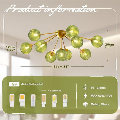 10-Light Gold Sputnik Chandelier, Mid Century Modern Ceiling Light, Green Glass Globes Pendant Lighting Fixture for Dining Room Living Room Kitchen Foyer Entryway Hallway