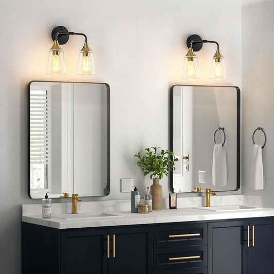 2-Light Bathroom Vanity Light, Black and Gold Bathroom Lighting Fixtures Over Mirror with Clear Glass Shades, Modern Hardwired Wall Sconce Light for Bedroom Hallway