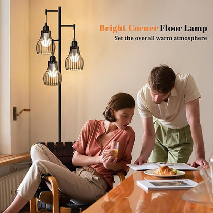 Ziisee Dimmable Floor Lamps for Living Room, Farmhouse Tree Standing Tall Lamp with Remote Control 3 Elegant Cage Shade LED Bulbs for Bedroom Office - Black