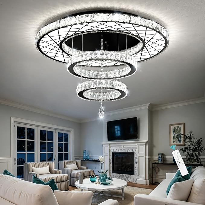 HAIXIANG Crystal Glam Chandelier LED Ceiling Light Living Room Lighting Fixtures Remote Dimmable Ceiling Chandeliers 32 Inches Light Black Lamp