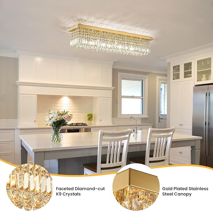 Siljoy Modern Gold Crystal Chandelier for Dining Room, 8-Light Rectangular Flush Mount Crystal Raindrop Chandelier, Luxury Dimmable Crystal Ceiling Light for Living Room Hallway Bedroom L40''