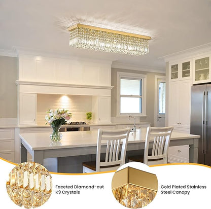Siljoy Modern Gold Crystal Chandelier for Dining Room, 8-Light Rectangular Flush Mount Crystal Raindrop Chandelier, Luxury Dimmable Crystal Ceiling Light for Living Room Hallway Bedroom L40''