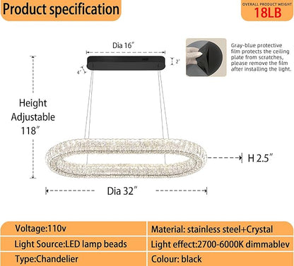 Crystal Ring Chandelier, 31.5'' Black Crystal Ring Pendant Light for Kitchen Island Modern Linear Oval Chandeliers for Dining Room Dimmable 3000K-6000K