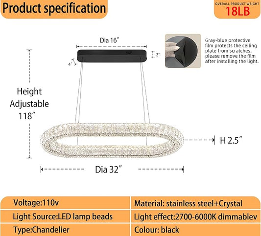 Crystal Ring Chandelier, 31.5'' Black Crystal Ring Pendant Light for Kitchen Island Modern Linear Oval Chandeliers for Dining Room Dimmable 3000K-6000K