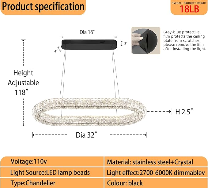LED Crystal Ring Chandelier, 40'' Black Crystal Ring Pendant Light for Kitchen Island Modern Linear Oval Chandeliers for Dining Room Dimmable 3000K-6000K