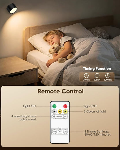 LED Wall Mounted Lights 2 Pcs with Remote, Rechargeable Wall Sconce with 3 Color Temps & Dimmable Magnetic 360° Rotation Cordless Light for Bedroom Reading Bedside